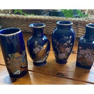 Vintage Cobalt Blue Bud Vases Set 4 Porcelain Made in Japan